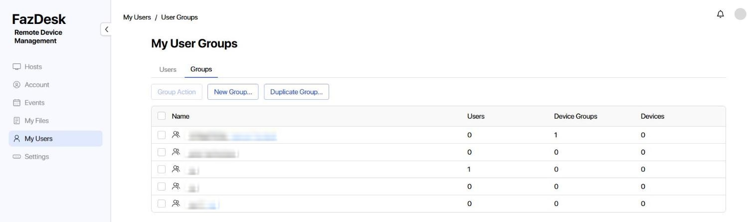 My User Groups: permission groups with their users, device groups and devices. Group names are blurred.