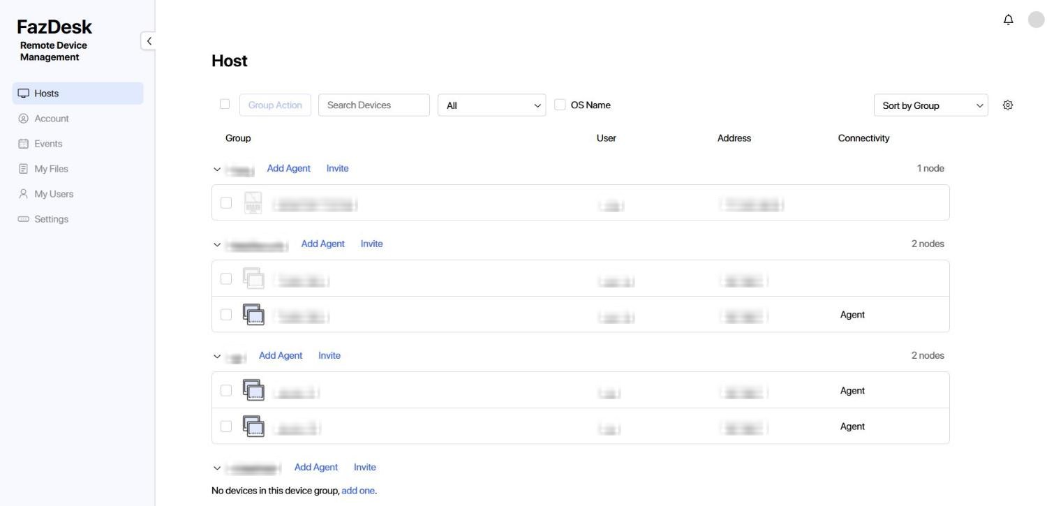 FazDesk console Hosts view: devices in groups with user, address and connectivity columns. Names and addresses are blurred.