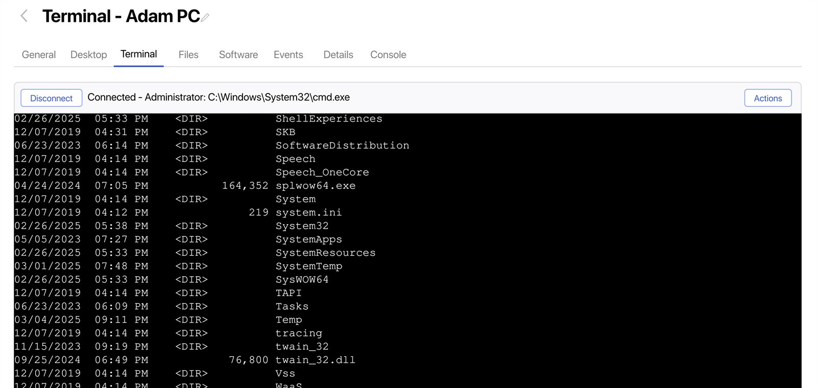 Terminal tab connected to a Windows device as Administrator, showing a directory listing