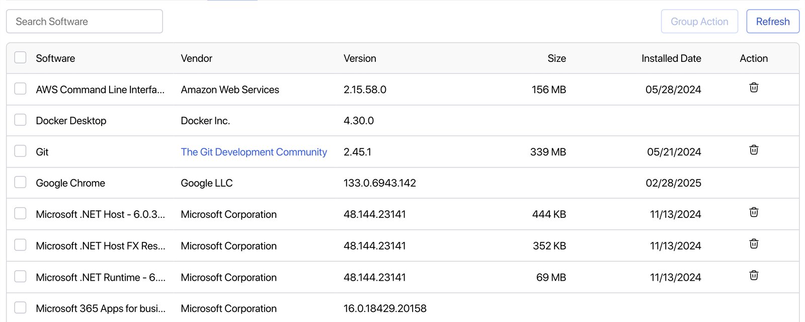 Software tab for one device: installed applications with vendor, version, size, install date and a remove action